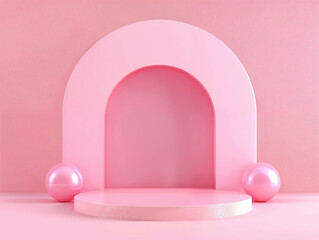 Aufkleber - Pastel pink arch podium with decorative spheres on a matching pink background. Perfect for product display in marketing and advertising.