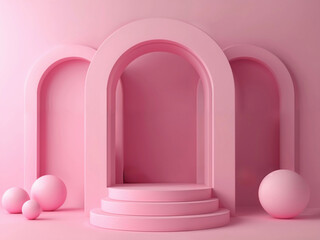 Aufkleber - Soft pink arches and podium with spherical elements for minimalist product display and modern marketing design. High quality photo