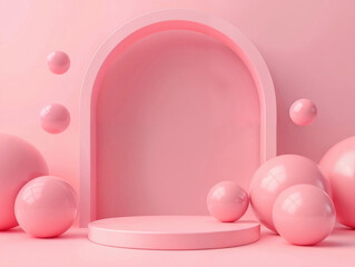 Aufkleber - Pink arch podium with floating spheres on a matching pink background. Perfect for modern product display and creative marketing.