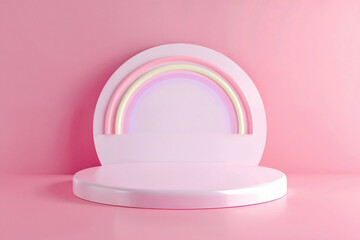 Poster - White podium with rainbow neon light arch on a pink background. Modern display for product presentation with a futuristic glow, perfect for advertising and retail design.