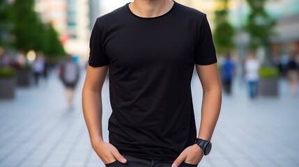 Canvas Print - potrait man wearing casual black shirt standing outdoors. Front look. Retail concept. mock up