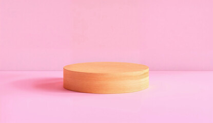Aufkleber - Wooden round podium on pink background. Minimalist product display with a modern aesthetic for retail presentation and advertising design.