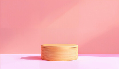 Aufkleber - Empty wooden podium on pink background. Versatile product display and mock-up. Perfect for retail presentation and minimalist design concepts.