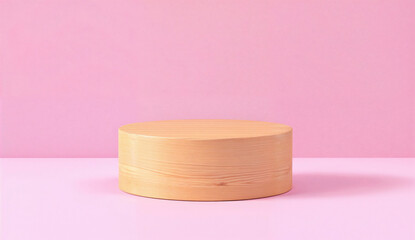 Aufkleber - Wooden circular podium on a pink background. Minimalistic product stand with copy space. Design for advertising, display, and product presentation.
