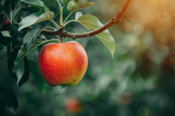 Wall Mural - Apple hanging from a tree branch, showcasing the beauty of fresh fruit grown in apple orchards, perfect for agricultural advertisements