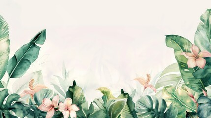 Wall Mural - Watercolor frame with tropical leaves and jungle plants isolated on white with copy space for text