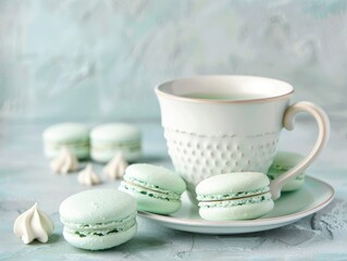 Elegant cup with green and white flower design, accompanied by two delectable macarons. Charming table setting.