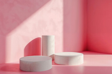 Aufkleber - White cylindrical and round podiums in a pink corner with natural light and shadows. Minimalist display for product showcase and exhibitions.