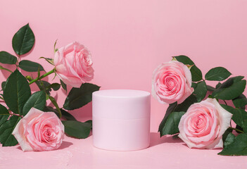 Aufkleber - Pink background with pink roses and a round podium for product presentation. Elegant floral display concept for design and print