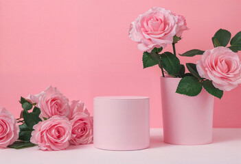 Aufkleber - Pink podium and pink roses in a vase on a pink background. Mockup for product presentation with elegant floral arrangement for design and print. High quality photo