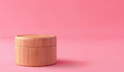 Aufkleber - Wooden cylinder podium for cosmetics display on a pink background with copy space. Ideal for product presentation in beauty and skincare advertising design