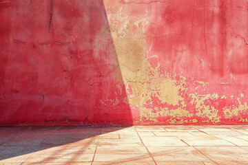 Poster - Red textured wall with peeling paint and shadow on tiled floor. Urban decay and grunge concept. Design for background or wallpaper.