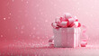 Gift box on a pastel pink background with copy space. Merry Christmas banner, Happe New Year. Valentines Day