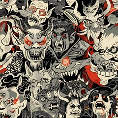 Sticker - seamless pattern of Japanese ukiyo-e hand drawing illustration of yokai and oni monsters mythology for fabric design, art print, textiles, wallpaper, and more