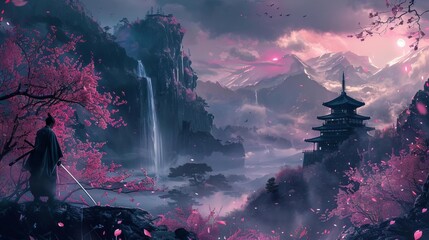 Illustrate a sweeping vista of a cherry blossom-filled valley