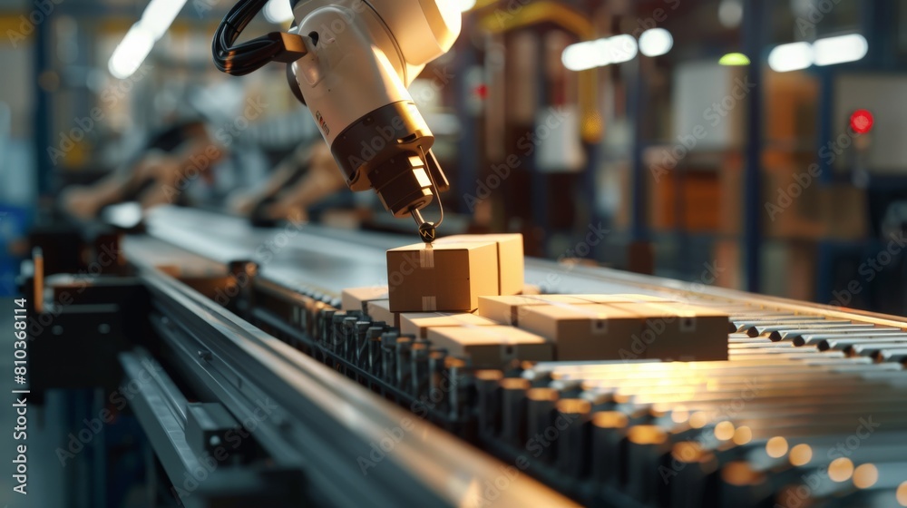 A robotic arm picking items from a bin and placing them on a conveyor ...
