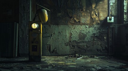 Detailed shot of an abandoned, old-school parking meter surrounded by shadows, dungeon-like dungeon atmosphere, mystical nightmare aura