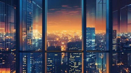 Modern colorful view of window frame. Abstract view of a building with huge windows. Minimal city view at night. Backdrop wallpaper.
