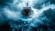 Intimate view of a ship's hull submerging into the ocean, turbulent waves engulfing the sinking vessel
