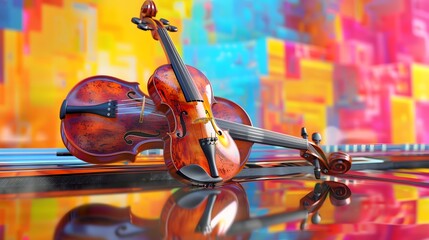 Violin and piano on abstract colorful background. Music concept. 3D Rendering
