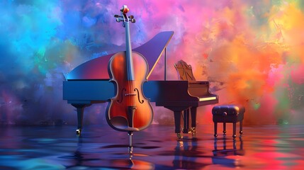 Violin and piano on abstract colorful background. Music concept. 3D Rendering
