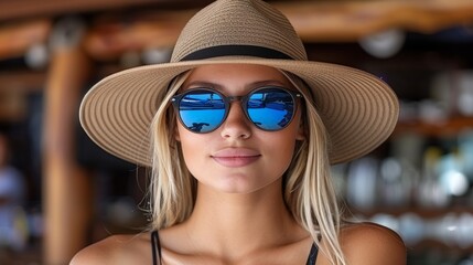 A young woman wearing a wide-brimmed hat and blue reflective sunglasses, capturing a casual and stylish summer vibe