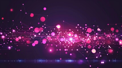 Poster - An abstract configuration of pink and purple glowing dots connected by laser-like lines across a dark violet background with a designated text area along the bottom edge