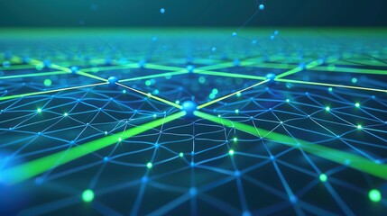 Poster - An abstract network of blue and green dots connected by neon lines on a dark teal canvas creating a calming yet intricate plexus effect with ample space for text along the bottom