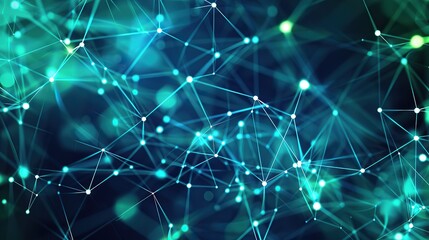 Poster - An abstract network of blue and green dots connected by neon lines on a dark teal canvas creating a calming yet intricate plexus effect with ample space for text along the bottom