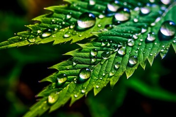 Sticker - Closeup of lush green leaves with water droplets