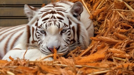 Sticker - close-up of a white tiger resting in straw