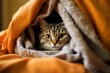 Curious cat peeking out from cozy blanket
