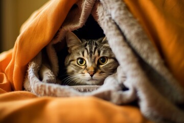 Sticker - Curious cat peeking out from cozy blanket