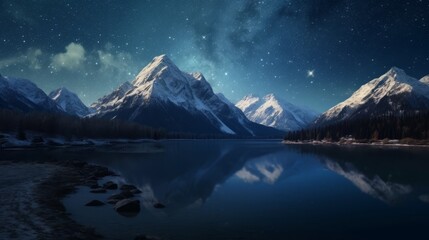 Canvas Print - Majestic mountain landscape under starry night sky