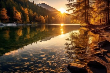 Poster - Breathtaking sunset over serene mountain lake