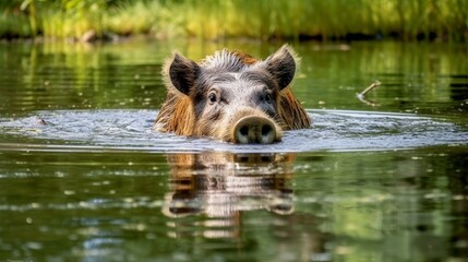 Poster - wild boar swimming in green pond