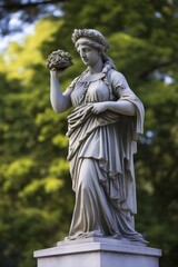 Wall Mural - Ornate stone statue of a woman holding flowers in a garden