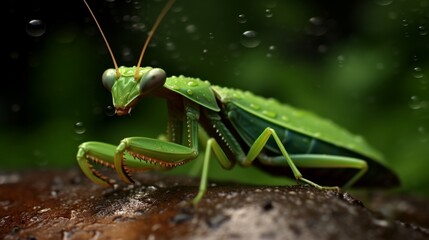 Sticker - close-up of a green praying mantis insect in the rain