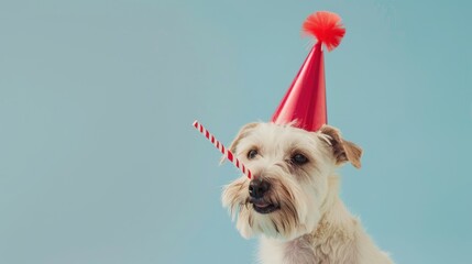 Dog celebrating his birthday with hat and candy ,birthday background