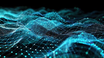 Poster - An intricate digital mesh of electric blue and cyan connections on a black background resembling a high-tech ocean wave meticulously designed to include a text box in the lower right corner