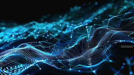 Poster - An intricate digital mesh of electric blue and cyan connections on a black background resembling a high-tech ocean wave meticulously designed to include a text box in the lower right corner