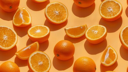 tiled layout of whole and sliced oranges, playfully arranged on a bright orange backdrop, isolated w