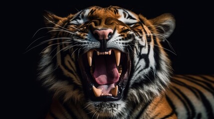 Wall Mural - Fierce tiger roaring in the dark