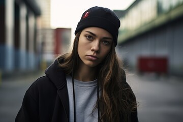 Wall Mural - young woman in black hat looking serious