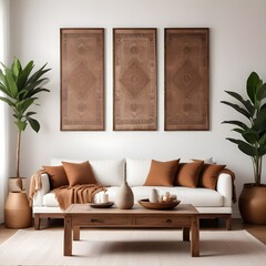 Rustic coffee table near white sofa with brown pillows against wall with two poster frames. Boho ethnic home interior design of modern living room.