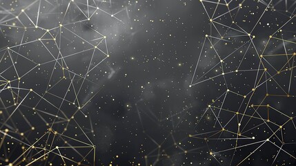 An intricate web of gold and silver lines connecting scattered dots across a deep charcoal grey background creating a sophisticated network with a clear space for text in the center