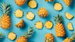 © Paul - Studio-lit top-down shot of pineapples, whole and sliced, making an intricate pattern on a soothing blue background