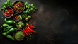 jalapenos, serranos, cilantro, and cumin, adding flavor and heat to Mexican dishes on dark background with copy space.