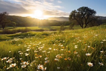 Wall Mural - Scenic sunset over a lush green meadow with wildflowers