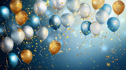 Wall Mural - beautiful celebration background with balloons, gold, silver and blue colors, glittery sparkly stars